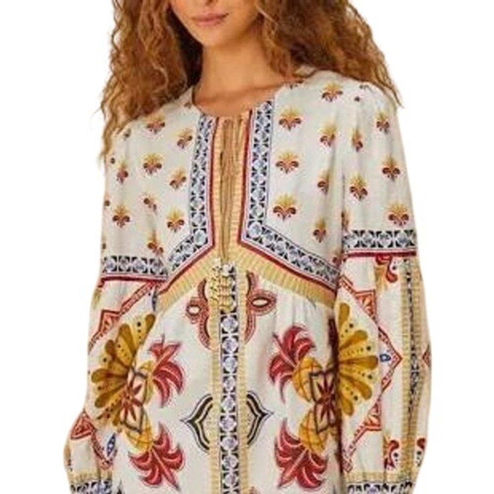 Farm Rio Off-White Marys Tiles Lenzing Ecovero Euroflax Mini Dress Size Large